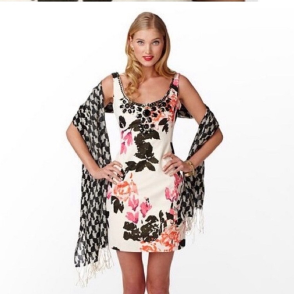 Lilly Pulitzer Cream Floral Midi Dress with Pink and Orange Accents